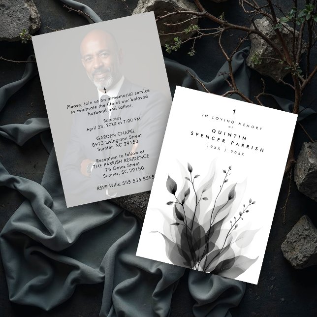 Invitation Delicate Black & White Overlapping Leaves & Flower (Delicate Black & White Overlapping Leaves & Flowers Memorial Invitations Cards with Back Photo. )