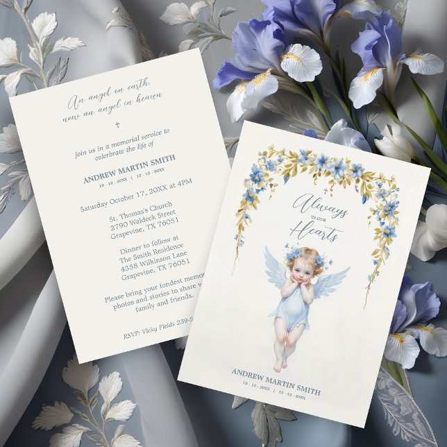 Invitation Delicate Blue Angel Condolence Remembrance Babies (Delicate Blue Angel Condolence Remembrance for Baby's Funeral Invitations Cards. )