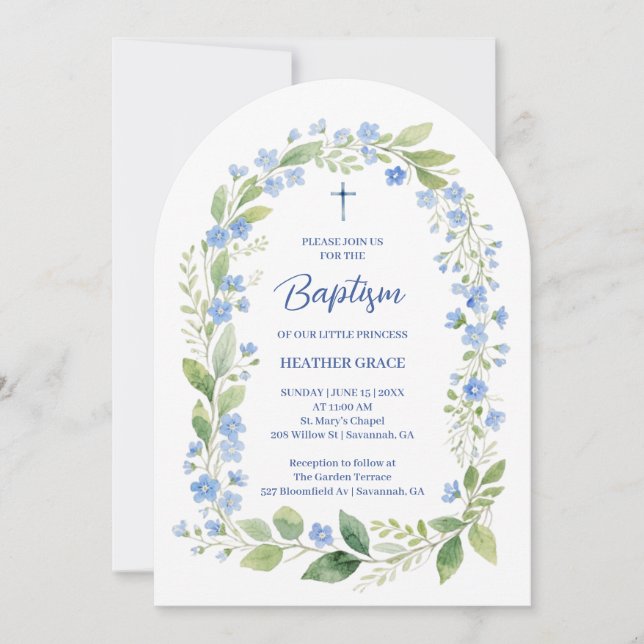 Invitation Delicate Blue Shades Floral Frame Arch Baptisme (Devant)