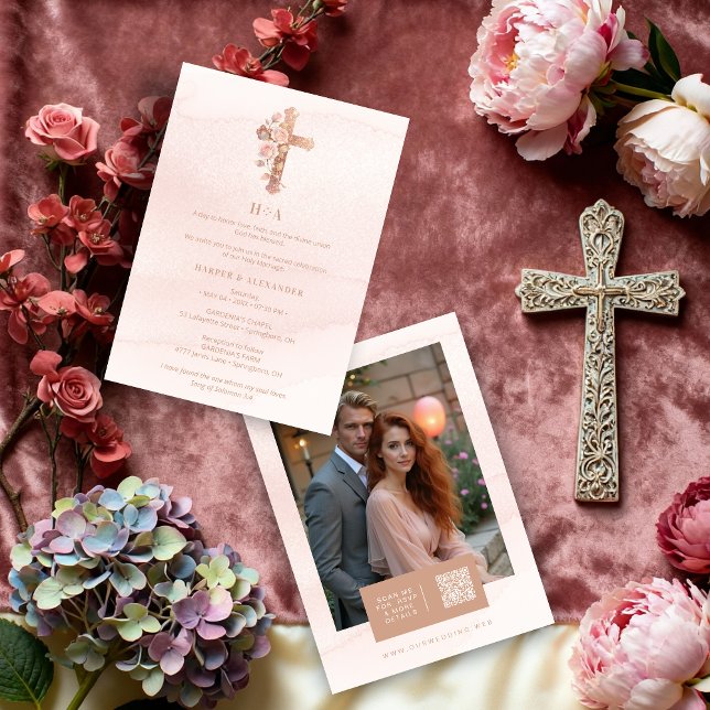 Invitation Delicate Blush Glitter Christian Cross Wedding (Delicate Charming Blush Pink Glitter Christian Cross Wedding Invitation Cards with Back Photo.)