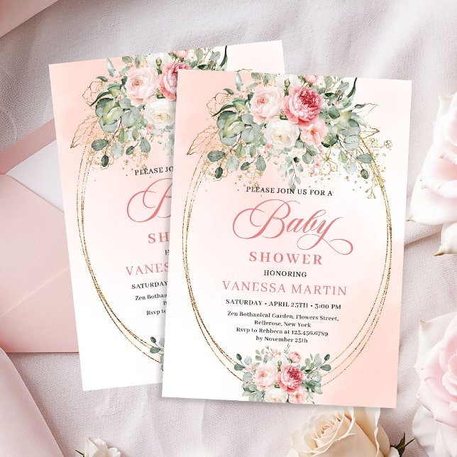 Invitation Delicate Blush Roses Gold Girl Baby Shower Invites (Delicate Blush Roses Gold Girl Baby Shower Invitation)