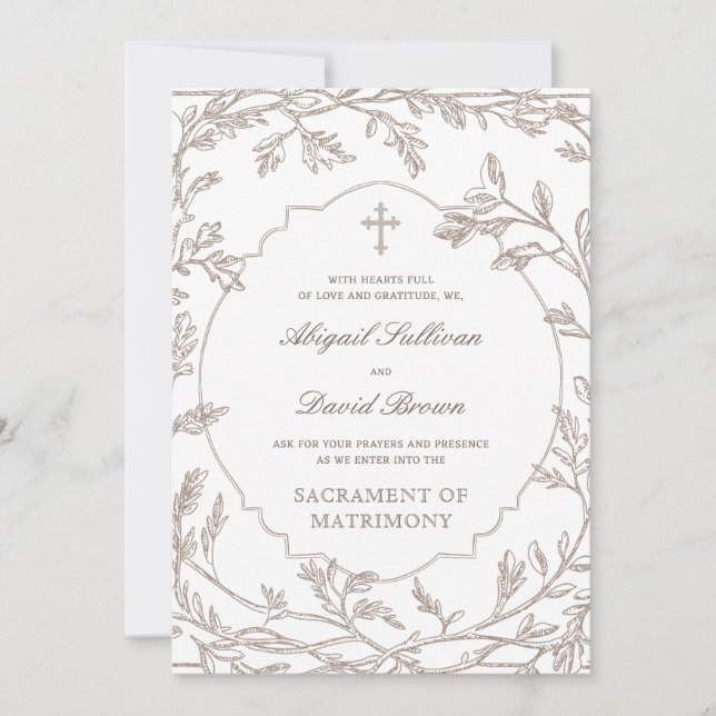 Invitation Delicate Brown Foliage Frame Catholic Wedding (Devant)