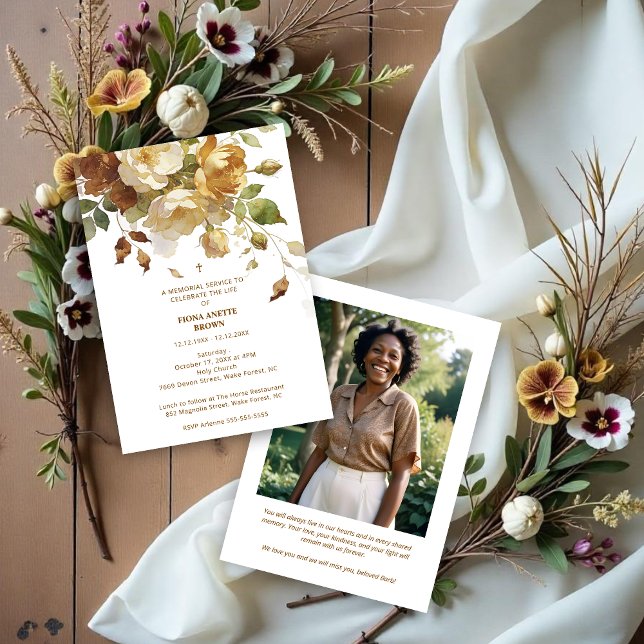 Invitation Delicate Brown & Marfil Botanical Floral Funeral (Delicate Brown and Beige Botanical Floral Funeral Invitation Design with Back Photo. )