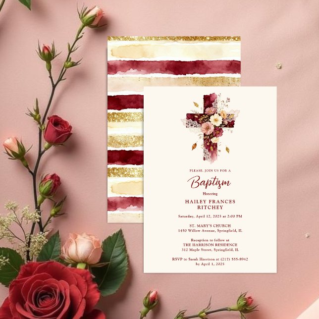 Invitation Delicate Burgundy Floral Christian Cross Baptism (Delicate Burgundy Glitter Effect Floral Christian Cross-Shape Baptism Invitation Card Design.)