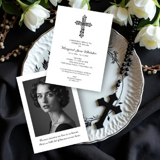 Invitation Delicate Christian Cross Minimal Photo Funeral
