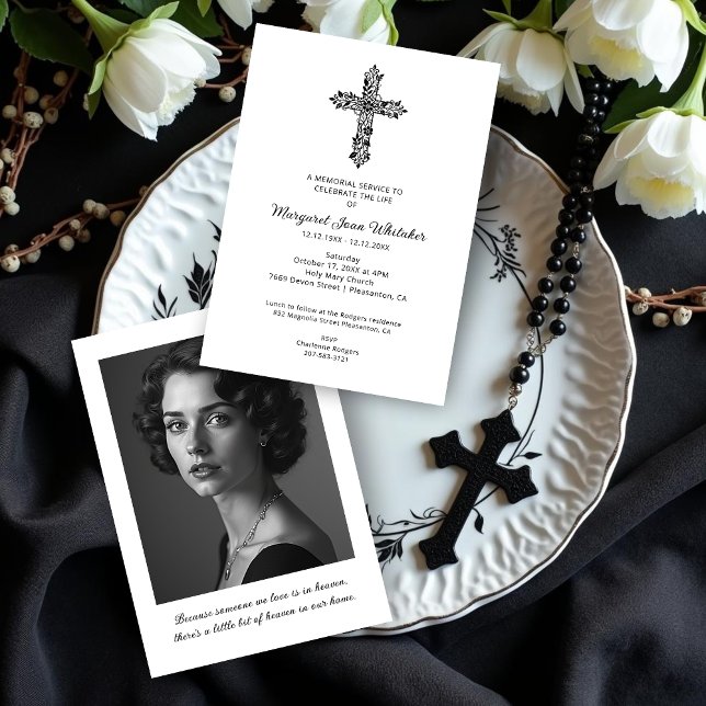 Invitation Delicate Christian Cross Minimal Photo Funeral (Sophisticated Delicate Christian Cross Minimal Black & White Funeral Invitation Cards with Photo.)