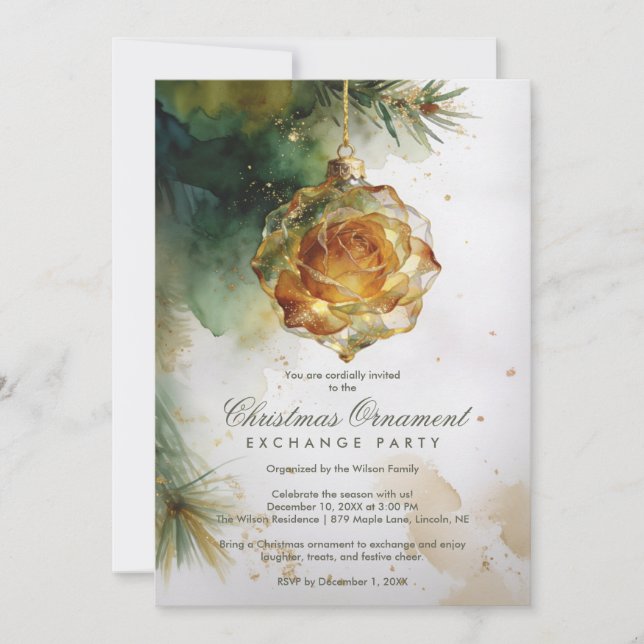 Invitation Delicate Christmas Ornament Shaped Like a Rose (Devant)