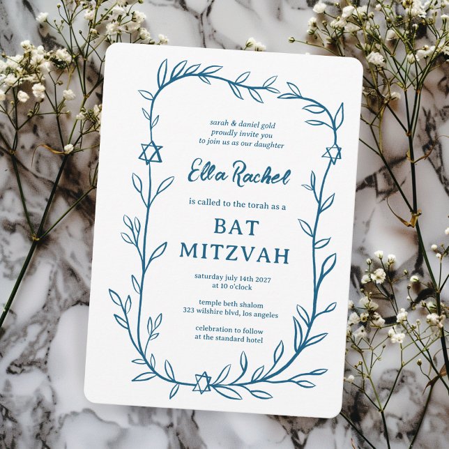 Invitation Délicate étoile botanique de David Bar Bat mitzvah (Delicate Botanical Star of David Bar Bat Mitzvah Invitation Elegant Trendy BLue White Hand Drawn
)