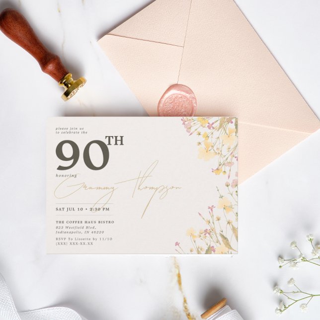 Invitation Delicate Fleur sauvage rose jaune 90e anniversaire (Créateur téléchargé)