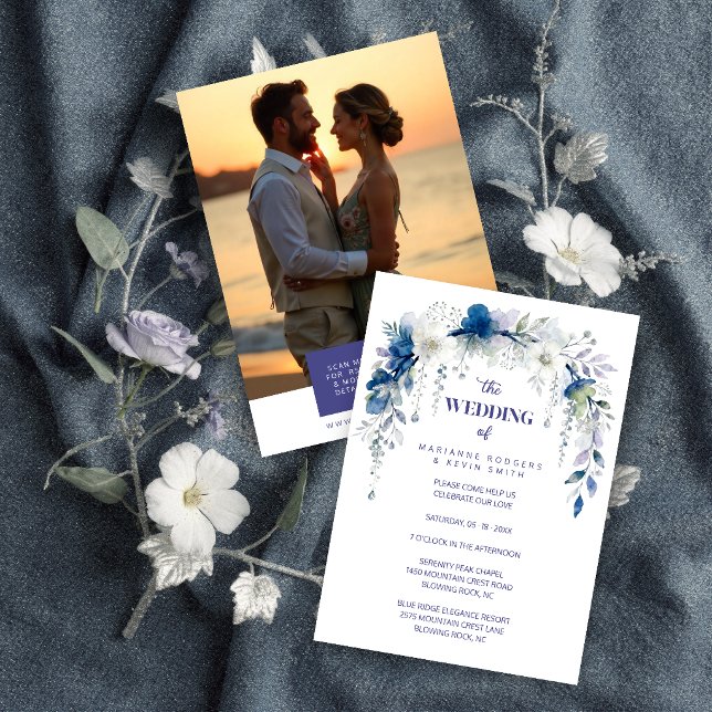 Invitation Delicate Floral Botanical Arch Blue Shades Wedding (Delicate Floral & Botanical Arch Blue Shades Wedding Invitation Cards with Back Photo and QR Code.)