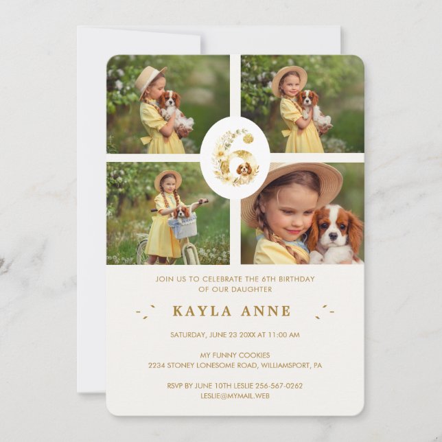Invitation Delicate Floral Botanical Number 6 Spaniel Puppy (Devant)