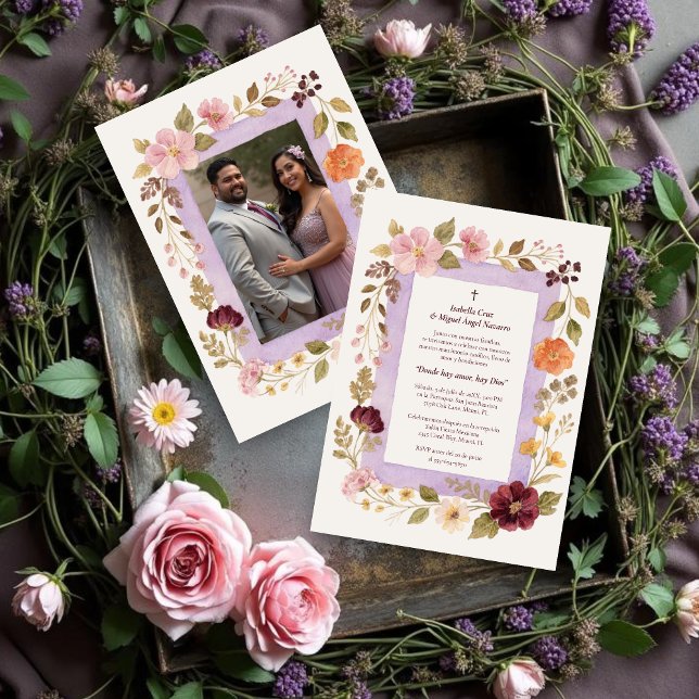 Invitation Delicate Floral Frame Christian Catholic Wedding (Delicate Floral Frame Christian Catholic Wedding Invitation Cards in Spanish with Back Photo. )