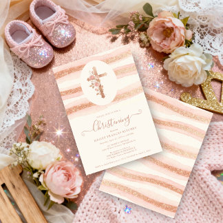 Invitation Delicate Floral Glitter Cross Romantic Rose Gold
