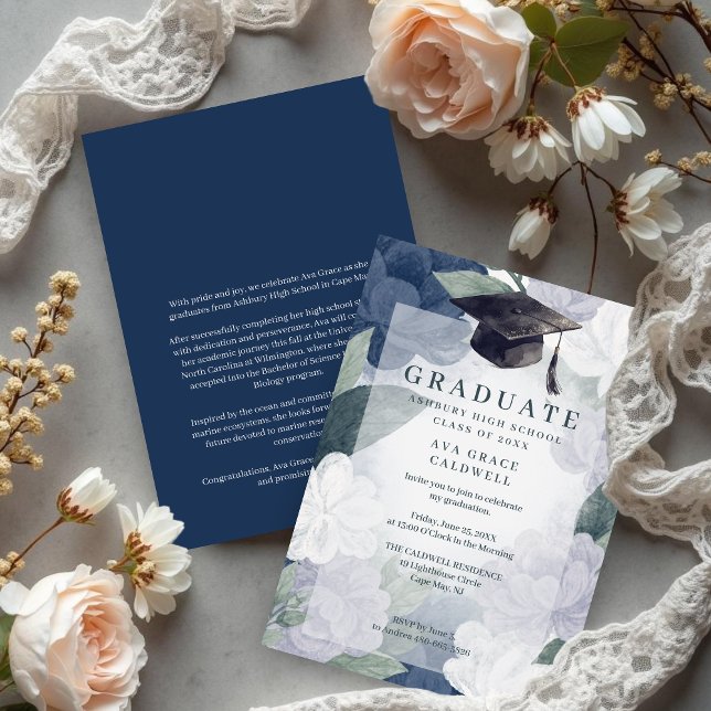 Invitation Delicate Floral Green and Blue Graduation Party (Delicate Floral Green and Blue Graduation Party Invitation Card Design.)