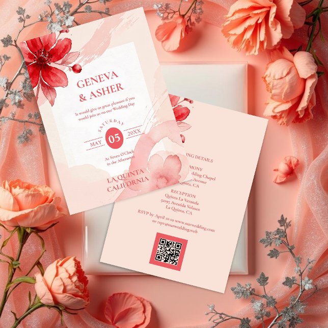 Invitation Delicate Flowers Juicy Red & Pinky Pink Editorial (Delicate Romantic Flowers Juicy Red & Pinky Pink Editorial Wedding Invitation with Back QR Code.)