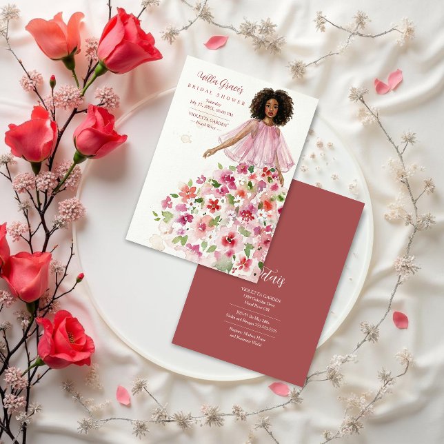 Invitation Delicate Girl Pink Floral Tulle Bridal Shower (Delicate Pink Floral Tulle Bridal Shower Invitation Featuring Watercolor Effect Woman Illustration.)