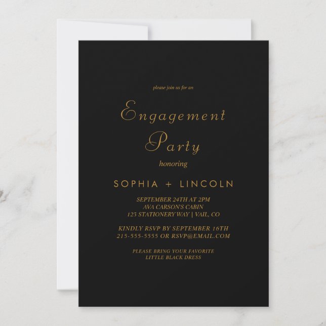 Invitation Delicate Gold Calligraphy Black Engagement Party (Devant)