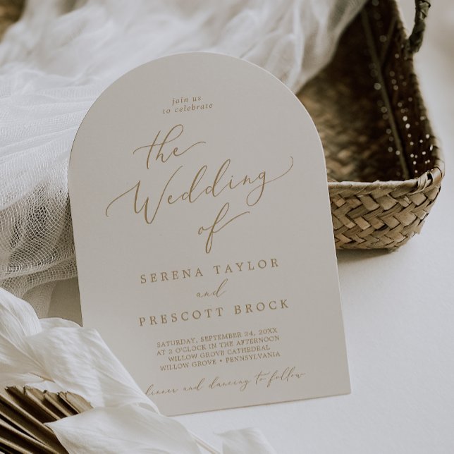 Invitation Delicate Gold Calligraphy Cream Boho Arch Mariage (Delicate Gold Calligraphy Cream Boho Arch Wedding Invitation)