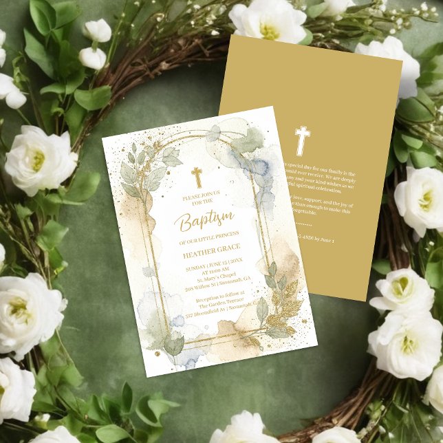 Invitation Delicate Gold Shades Floral Frame Arch Baptism (Delicate Digital Watercolor Gold Shades Floral Frame Arch Shape Baptism Invitation Cards.)