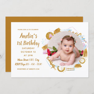 Invitation Delicate Gold Spash Photo Baby Premier anniversair