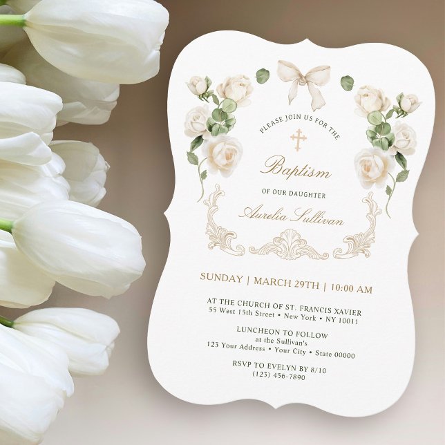 Invitation Delicate Ivory Roses Frame Baptism (Créateur téléchargé)