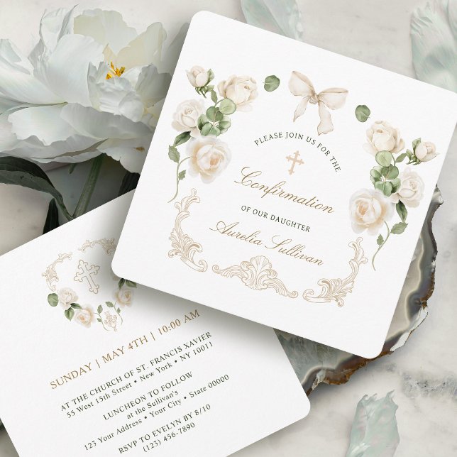 Invitation Delicate Ivory Roses Frame Confirmation Small (Créateur téléchargé)