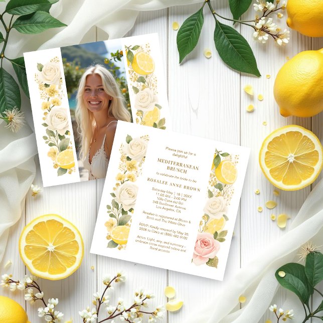 Invitation Delicate Mediterranean Lemons Flowers Greenery (Delicate Pastel Mediterranean Lemons Flowers Greenery Wedding Bridal Shower Invitation Cards.)