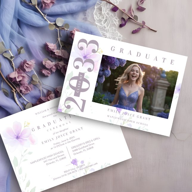 Invitation Delicate MInimalist Graduate Floral Lilac Shades P (Delicate MInimalist Graduate Floral Lilac Shades Photo Invitation Card. )