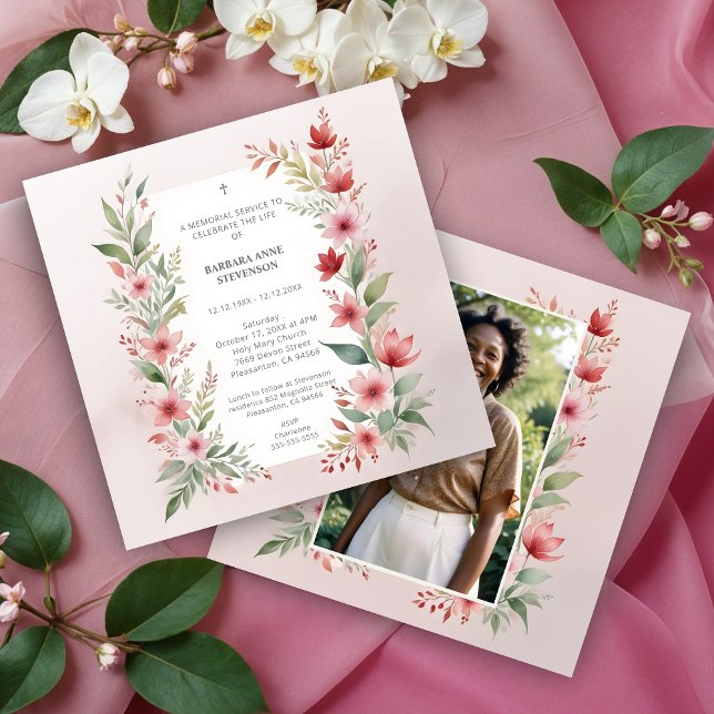 Invitation Delicate Pink Cherish Botanical Wildflower Funeral (Delicate Pink Shades Cherish Botanical Wildflowers Branches Photo Funeral Invitations Cards.)