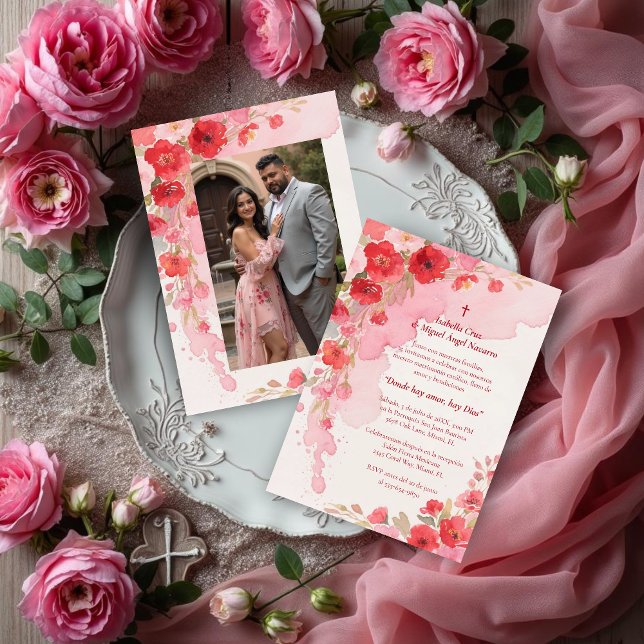 Invitation Delicate Pink Floral Frame Christian Catholic (Delicate Pink Floral Frame Christian Catholic Wedding Invitation Cards in Spanish with Back Photo.)