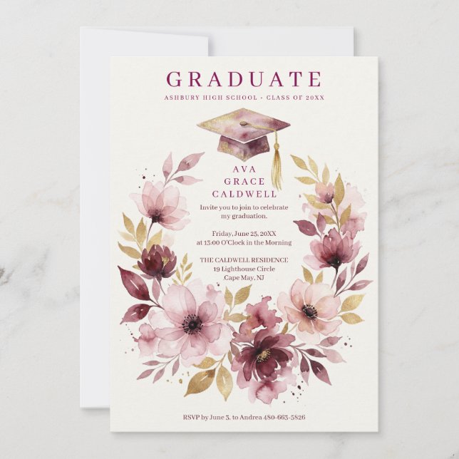 Invitation Delicate Pink Floral Wreath Graduation Cap  (Devant)