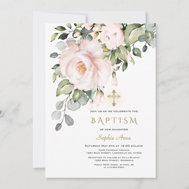 Invitation Delicate Pink Flowers Gold Cross Girl Baptism (Devant)