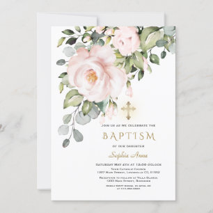 Invitation Delicate Pink Flowers Gold Cross Girl Baptism