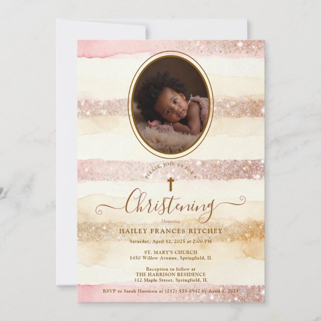 Invitation Delicate Romantic Glitter Stripes Baby Baptist (Devant)