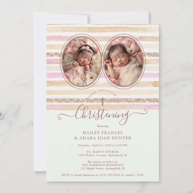 Invitation Delicate Romantic Glitter Stripes Twins Baptist (Devant)
