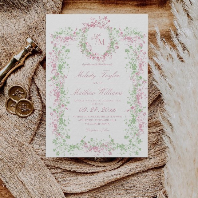 Invitation Delicate Soft Pastel Ornate Crest Monogram Wedding (Créateur téléchargé)
