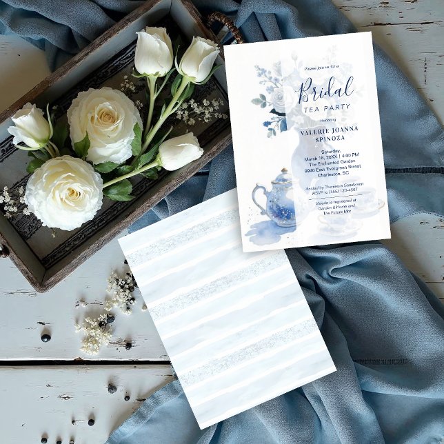 Invitation Delicate Sophisticated Blue Vintage Tea Set (Delicate Sophisticated Blue Vintage Tea Set Bridal Shower Invitations Cards. )