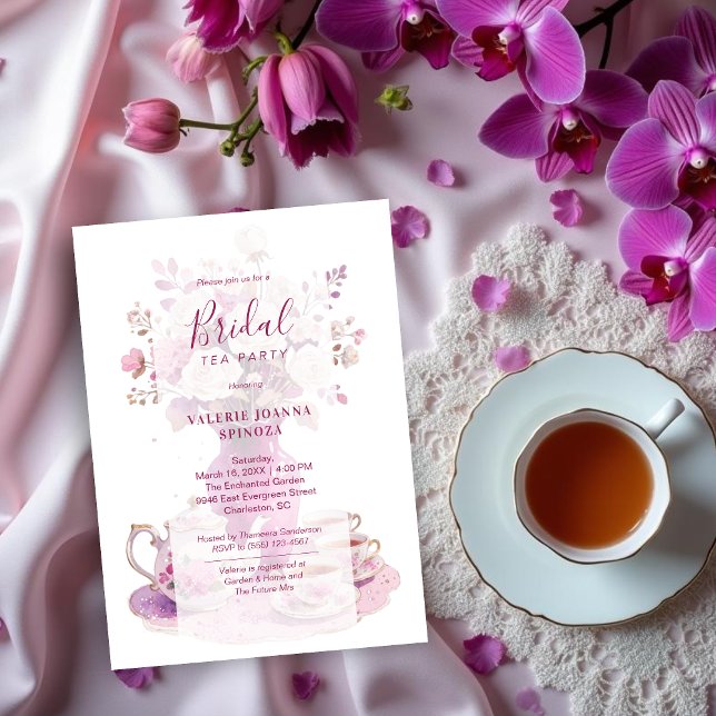 Invitation Delicate Sophisticated Magenta Vintage Tea Set (Delicate Sophisticated Deep Magenta Vintage Tea Set Bridal Shower Invitations Cards.)