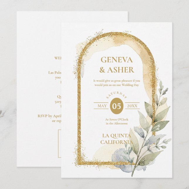 Invitation Delicate Spring Green & Beige Floral Arch Wedding (Devant / Derrière)