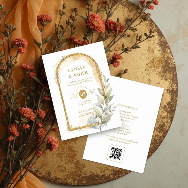 Invitation Delicate Spring Green & Beige Floral Arch Wedding (Delicate Spring Green & Beige Floral Arch Glitter Effect Wedding Invitation with Back QR Code.)
