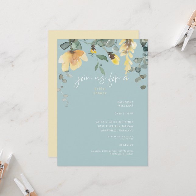 Invitation Délicate verdure de pivoine jaune Shower de mariag (Devant/Arrière en situation)