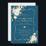 Invitation Delicate White Flowers Gold Frame Blue Wedding<br><div class="desc">Elegant card design featuring watercolour delicate white flowers and green leaves,  a faux gold frame,  floral divider,  on an ocean blue background. On the back white flowers bouquet. Use Personalise tool to add your info,  change fonts,  font's colours. For matching items,  please,  visit my Delicate White Flowers Collection.</div>