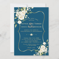 Delicate White Flowers Gold Frame Blue Wedding