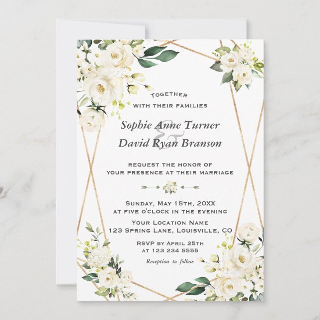 Invitation Delicate White Flowers Gold Monogram Wedding (Devant)