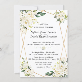 Invitation Delicate White Flowers Gold Monogram Wedding