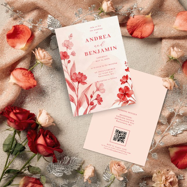 Invitation Delicate Wildflowers Juicy Red Pinky Pink Wedding (Delicate Wildflowers Juicy Red & Pinky Pink Editorial Wedding Invitation with Back QR Code.)