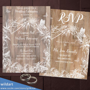Invitation DÉLICATE Wreath White Butterfly Wood Wedding RSVP