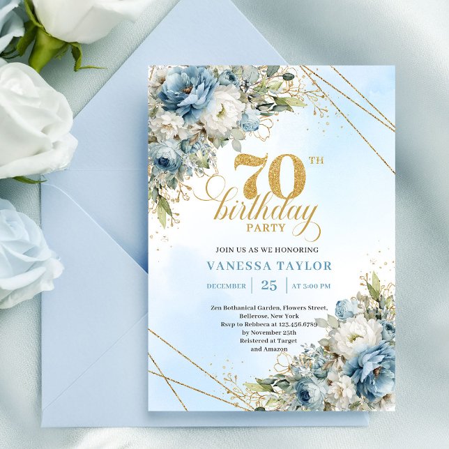 Invitation Délicats floraux bleus boho cadre or 70e anniversa (Delicate boho blue florals gold frame 70th birthday

)