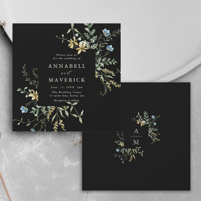Invitation Delicic Fleur sauvage moderne Boho Mariage noir (Front & Back)