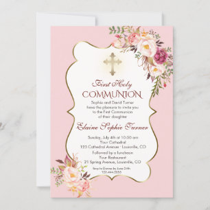 Invitation Délicieuse Blush Rose Floral Première Sainte Commu